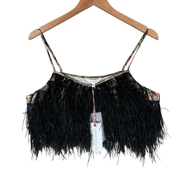 LOVE SHACK FANCY Dusty Metallic Floral Feathered Fringe Hem Crop Top - Picture 5 of 13